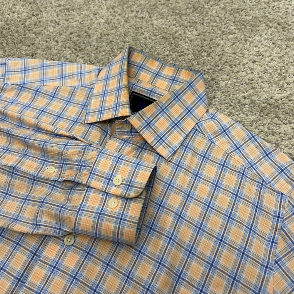 David Donahue Dress Shirt 15.5 34/35 Orange Blue Plaid Trim Fit Cotton Button Up